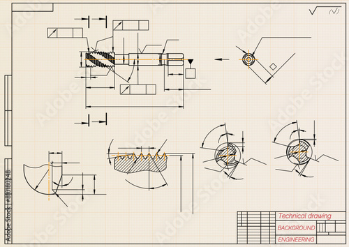 Mechanical engineering drawings on light background. Tap tools, borer. Technical Design. Cover. Blueprint. Vector illustration.