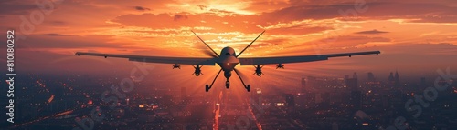 The photo shows a military drone flying in the sky. The sun is setting in the background. photo