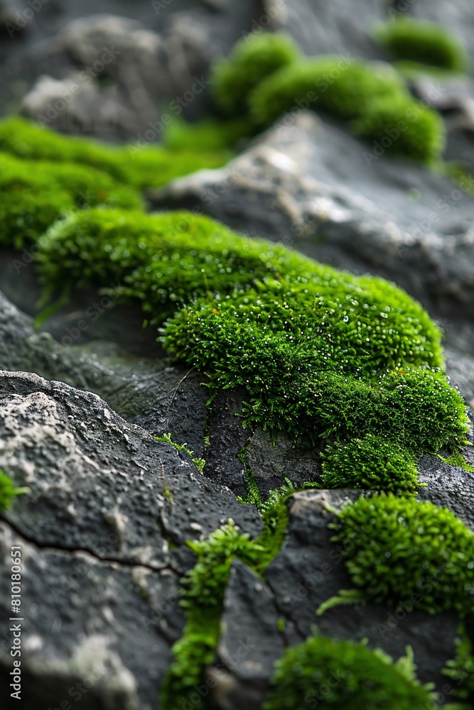 Close-up perspective of wet moss texture covering a stone, highlighting its natural patterns Close-up perspective of wet moss texture covering a stone, highlighting its natural patterns