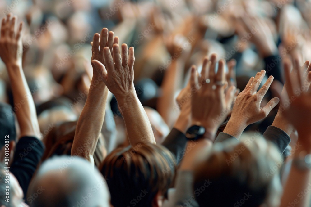 Close-up perspective of individuals' backs raising hands during a conference Close-up perspective of individuals' backs raising hands during a conference
