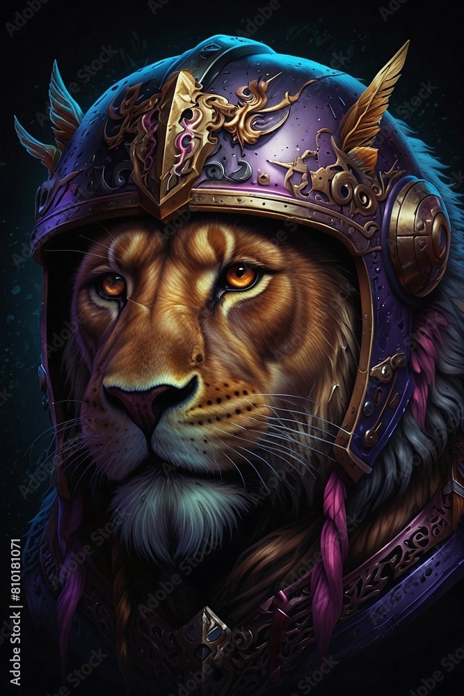 Echoes of the Shadow Realm: Symmetrical Portrait of a Lion in Ornate Bat-Winged Helmet, Embracing Dark Fantasy with Violet and Pink Vibrant Tapestry Elements