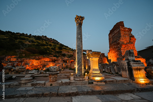 The ruins of Ephesus ancient city at night, the popular tourist destination of Izmir, Turkey.