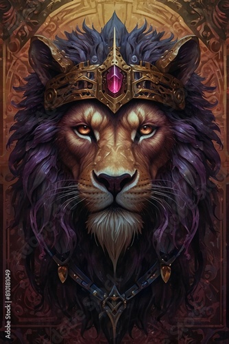 Echoes of the Shadow Realm  Symmetrical Portrait of a Lion in Ornate Bat-Winged Helmet  Embracing Dark Fantasy with Violet and Pink Vibrant Tapestry Elements