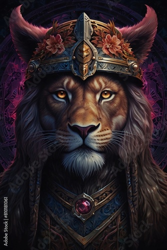 Echoes of the Shadow Realm  Symmetrical Portrait of a Lion in Ornate Bat-Winged Helmet  Embracing Dark Fantasy with Violet and Pink Vibrant Tapestry Elements