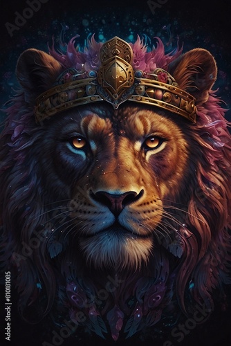 Echoes of the Shadow Realm  Symmetrical Portrait of a Lion in Ornate Bat-Winged Helmet  Embracing Dark Fantasy with Violet and Pink Vibrant Tapestry Elements