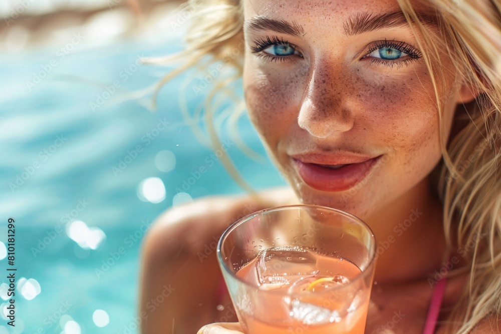 An up-close image of a blonde lady with bronzed skin, slender yet shapely, savoring a cocktail in a bikini