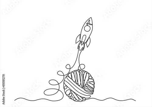 Chaos and rocket spaceship, abstract minimalist concept vector illustration. Metaphor of disorganized difficult problem found solution, mess with single continuous tangle thread in need of unraveling