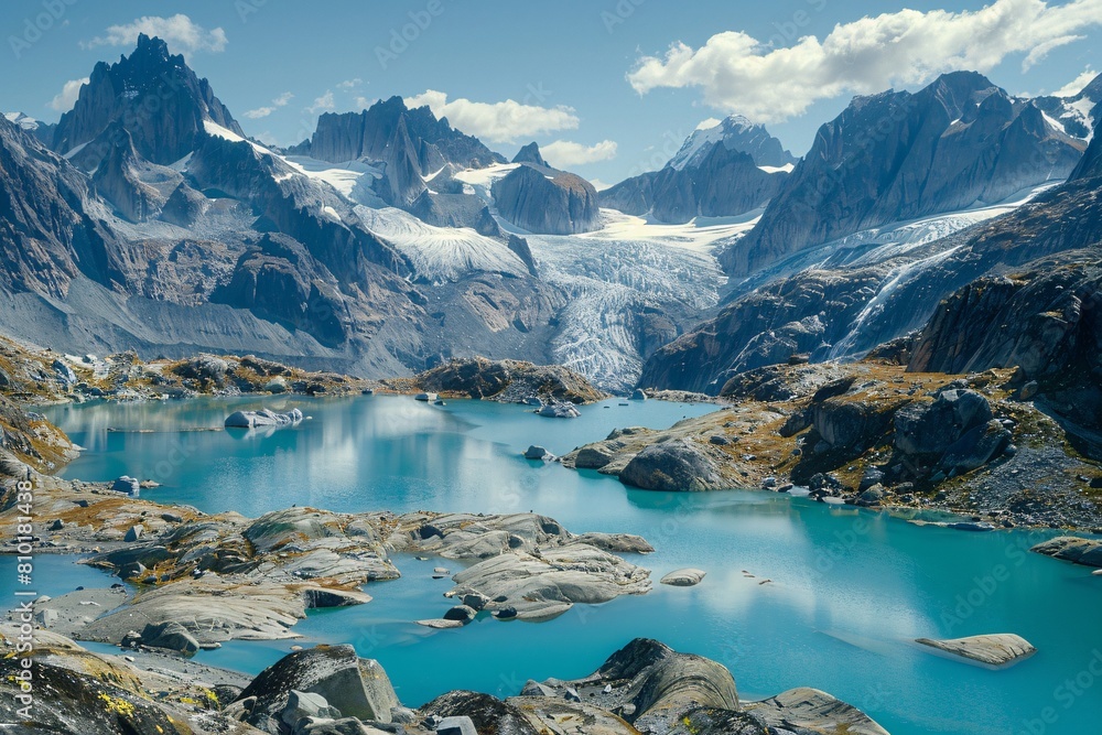 A glacier-carved valley with turquoise glacial lakes