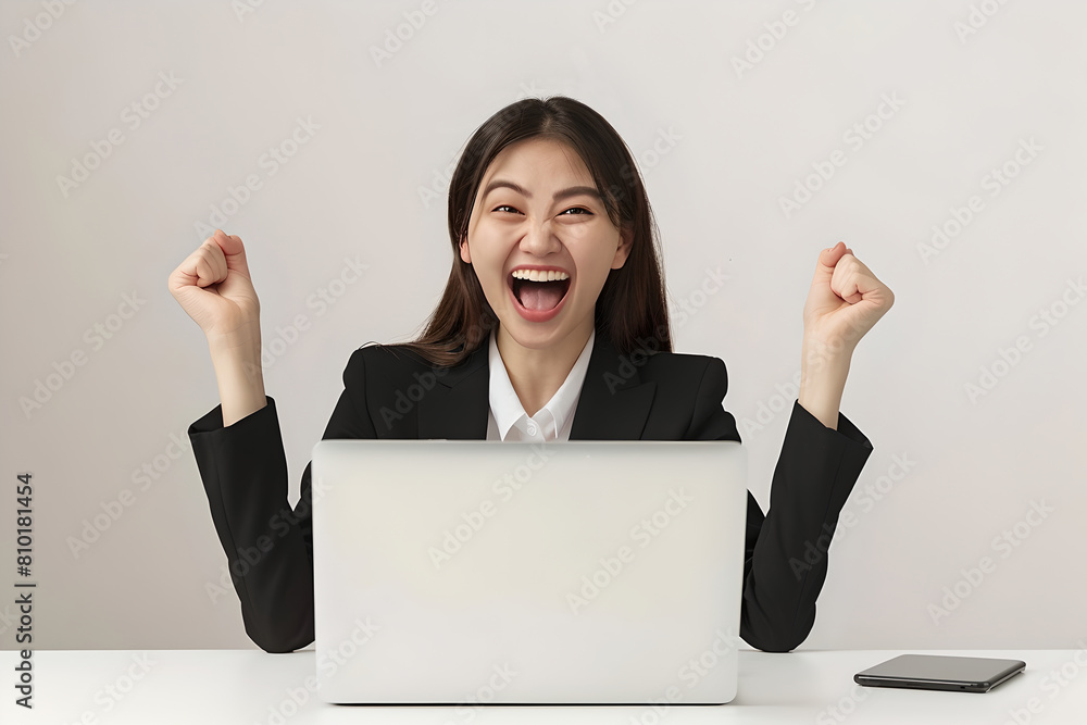 Young Asian woman happy and excited working with laptop, achieving success in business. Girl celebrates victory by holding fists with her hands. Win and achievement in work, career Young Asian woman happy and excited working with laptop, achieving success in business. Girl celebrates victory by holding fists with her hands. Win and achievement in work, career