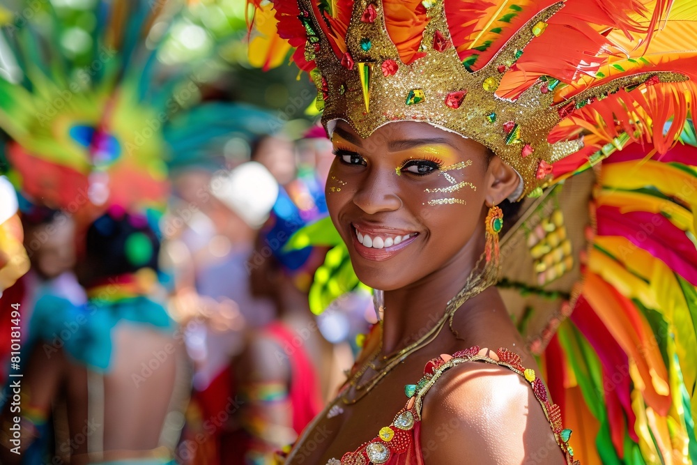 A detailed view of a dancer at the Rio Carnival, dressed in vibrant attire and intricate headpieces, moving gracefully to the music