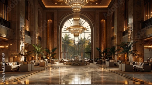 luxurious lobby featuring a grand chandelier hanging from a high ceiling  embodying an opulent interior design concept