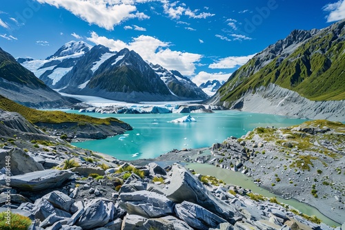 A glacier-carved valley with turquoise glacial lakes