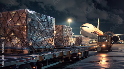 A cargo plane is unloading large boxes of goods from the tarmac at an airport, preparing for their journey to various locations around th world