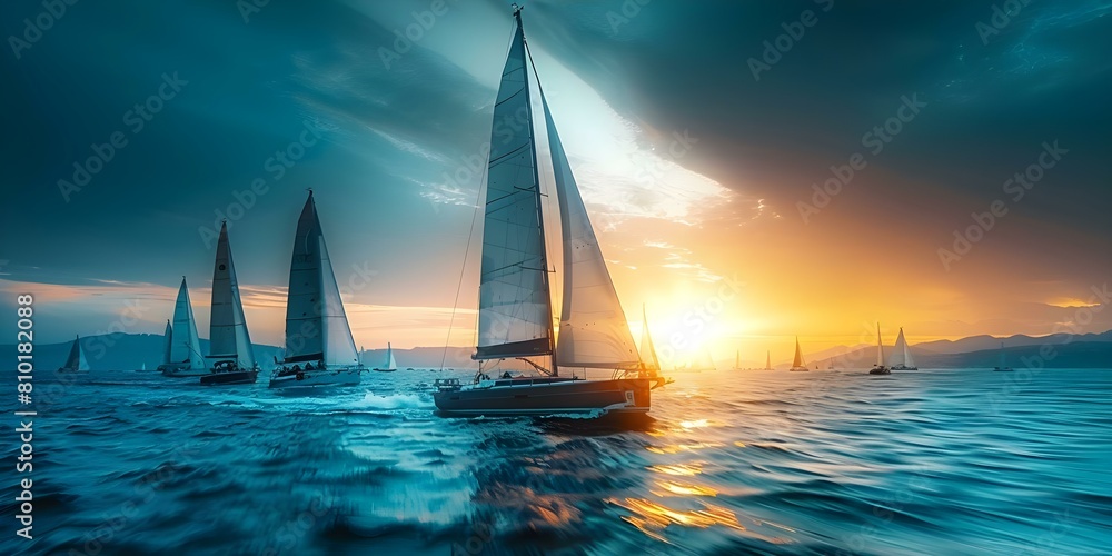 Sailboats and yachts compete in regatta at bay during sunset. Concept Regatta, Sailboats, Yachts, Bay, Sunset