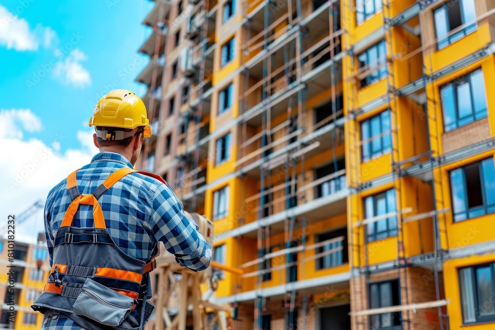 Construction Worker in Front of Building Under Construction Construction Worker in Front of Building Under Construction