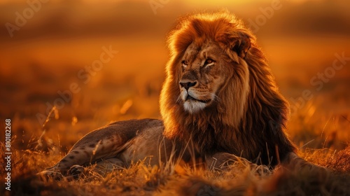 Lion in sunset light. Golden hour wildlife photography. Lion resting in golden field.