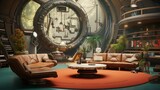 Curate a time-bending living room with vintage elements and futuristic tech