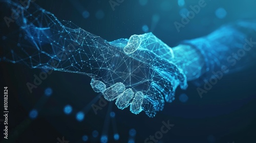 Digital handshake with blue light nodes on dark background. Technology and network concept.