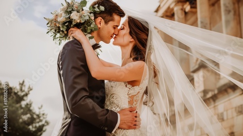 Bride and Groom Kissing in Front of a Building