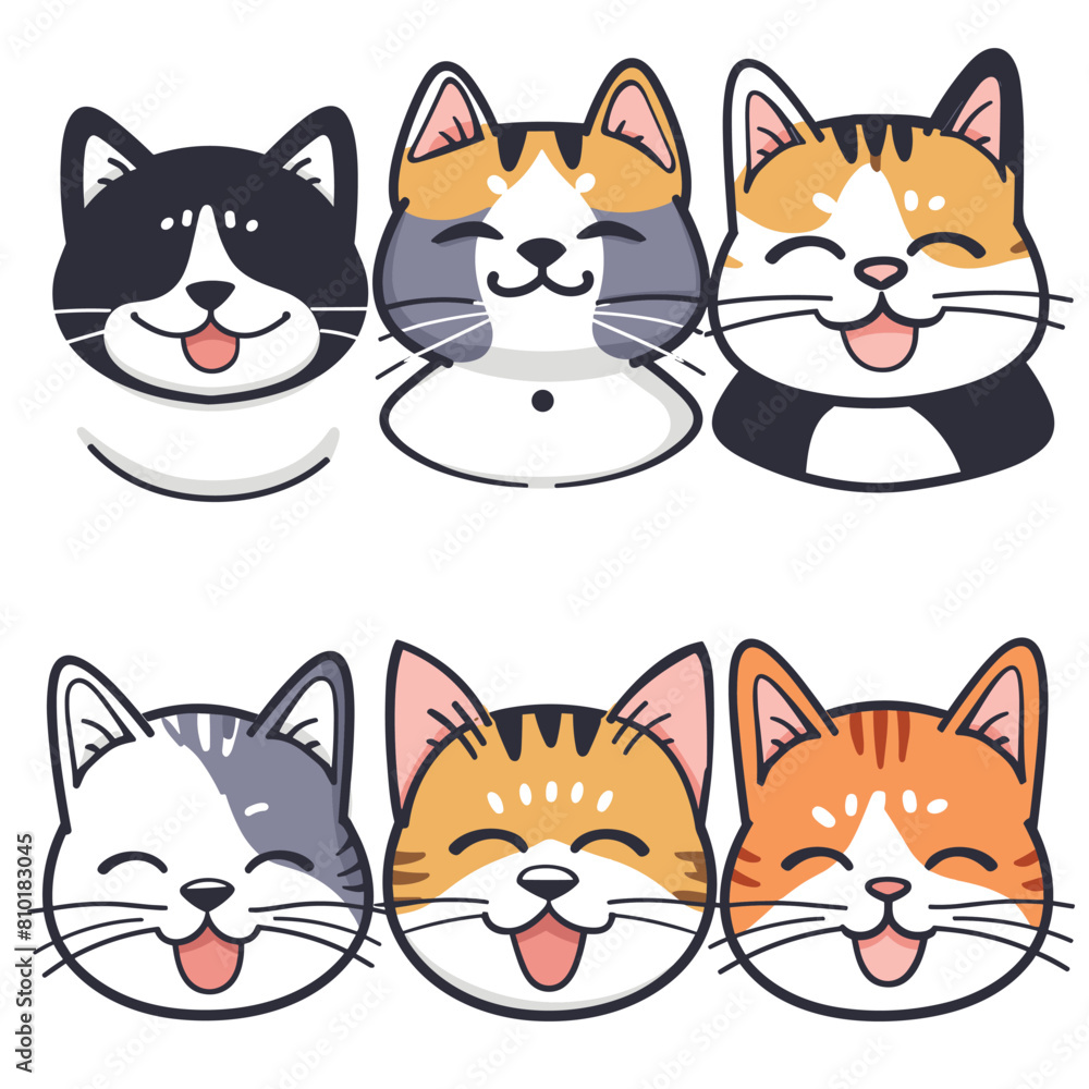 Six cartoon cat faces smiling various colors isolated white background. Happy feline expressions, cute kitty illustrations, animal mascots. Playful cats graphic design, cheerful pets clip art Six cartoon cat faces smiling various colors isolated white background. Happy feline expressions, cute kitty illustrations, animal mascots. Playful cats graphic design, cheerful pets clip art