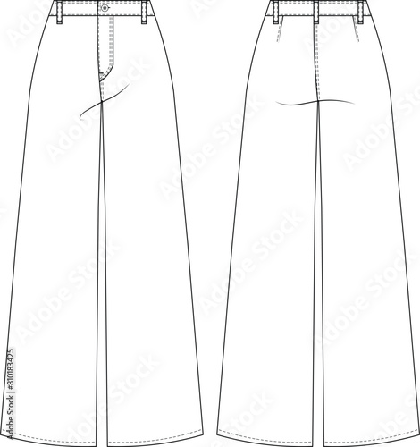 wide leg palazzo sailor mid rise mid waist denim jean pant trouser template technical drawing flat sketch cad mockup fashion woman design style model
