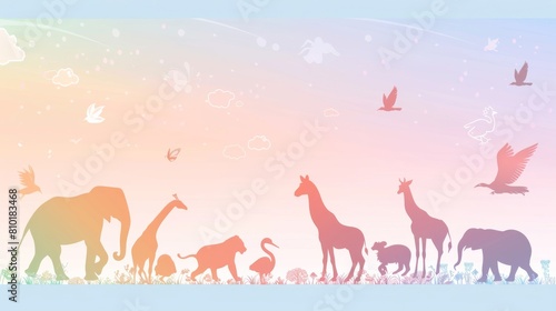 A colorful poster of animals in a field  including giraffes  elephants