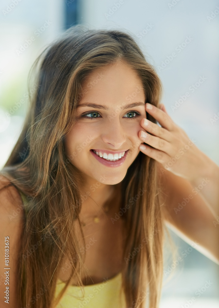 Woman, anti aging for beauty and home with hands, skincare and thinking with natural glow. Facial wellness, dermatology and cosmetic or inspection, treatment and self care for confidence with model Woman, anti aging for beauty and home with hands, skincare and thinking with natural glow. Facial wellness, dermatology and cosmetic or inspection, treatment and self care for confidence with model