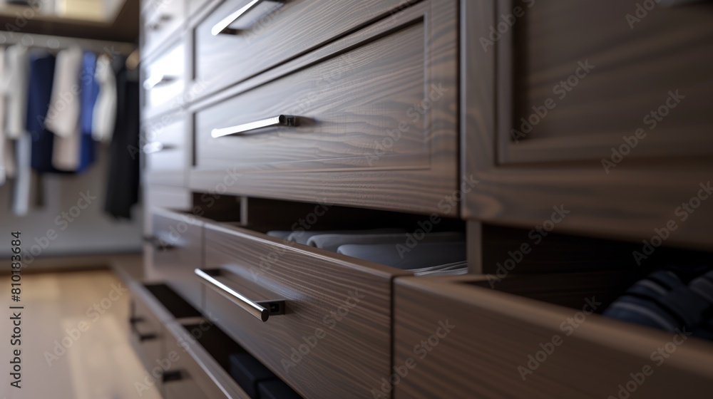 Cinematically captured close-up of a modern closet's sleek finishes, in high resolution, showcasing the sophistication and clean design Cinematically captured close-up of a modern closet's sleek finishes, in high resolution, showcasing the sophistication and clean design