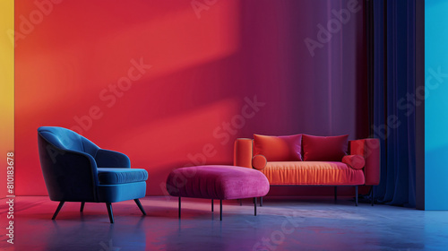 Interior of modern room with sofa armchair and ottoman © franklin