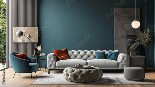Interior of modern room with sofa armchair and ottoman
