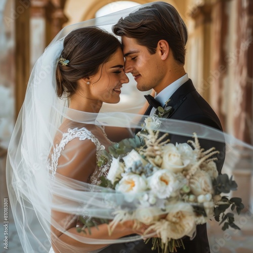 Bride and Groom Standing Together Under a Veil