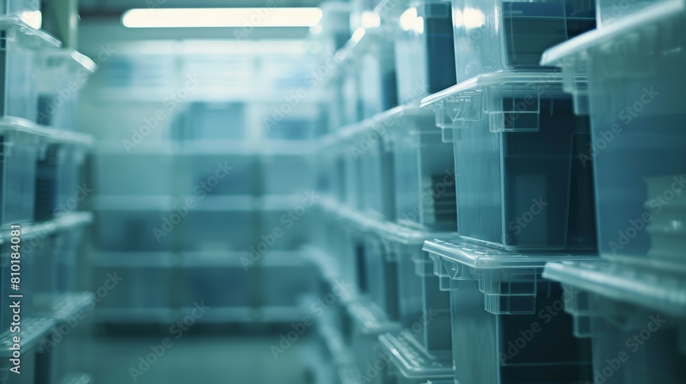 Cinematic view of clear storage containers neatly aligned in a well-kept room, captured in high resolution to emphasize clarity and order Cinematic view of clear storage containers neatly aligned in a well-kept room, captured in high resolution to emphasize clarity and order