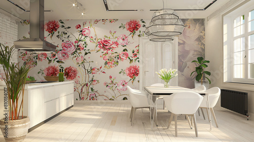Interior of modern stylish dining room with floral dec photo