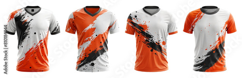 set of soccer jersey mockup templates with orange  white and black abstract patterns with front view  generated ai