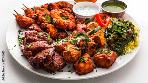 Indian cuisine platter with various tandoori dishes. Food presentation concept.