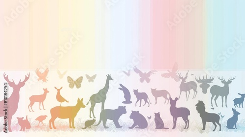A colorful line of animals  including a giraffe  a horse  and a cat