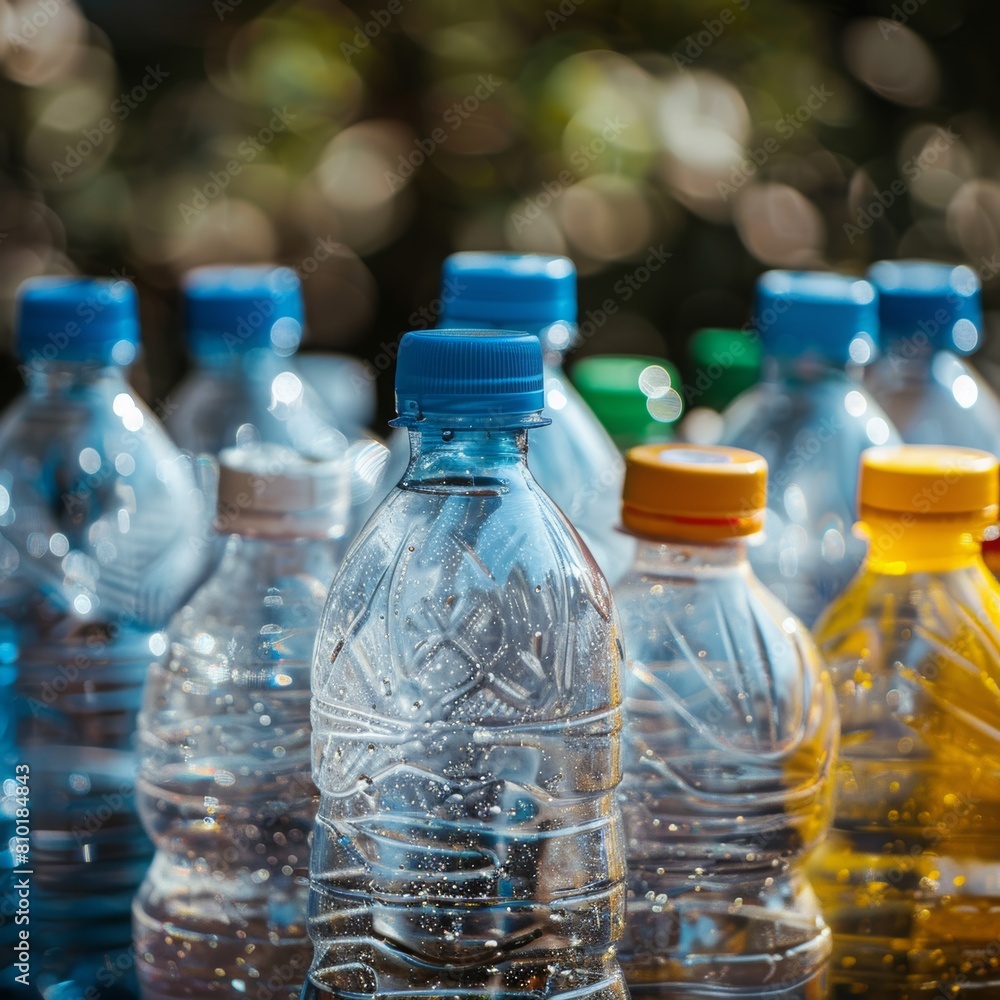 Image shows a close up of a group of plastic bottles of different sizes and colors Image shows a close up of a group of plastic bottles of different sizes and colors