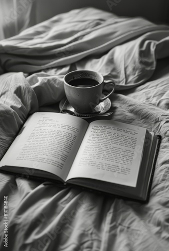 Open Book and Cup of Coffee on Bed