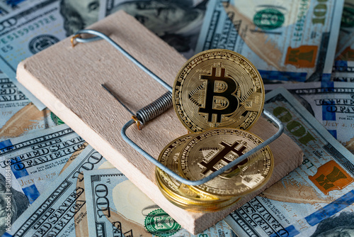 Golden cryptocurrency coins bitcoin in a mousetrap on the background of us 100 dollar bills, closeup. Cryptocurrency scam or fraud concept