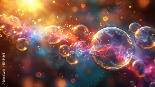 colorful bubbles with glowing energy waves emanating from them and lots of glowing orange glitter partcles floating around, creating an abstract and vibrant background © OHMAl2T