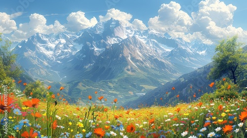 mountain wildflower bloom, vibrant wildflowers bloom amid stunning mountain scenery, creating a breathtaking summertime display