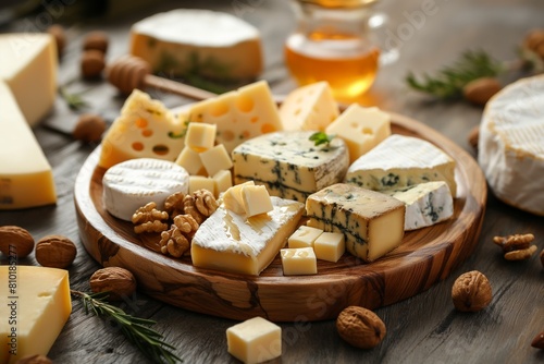Assorted cheeses on round wooden board plate. Camembert cheese, brie, hard cheese slices, walnuts, grapes, crackers, bread. Top view