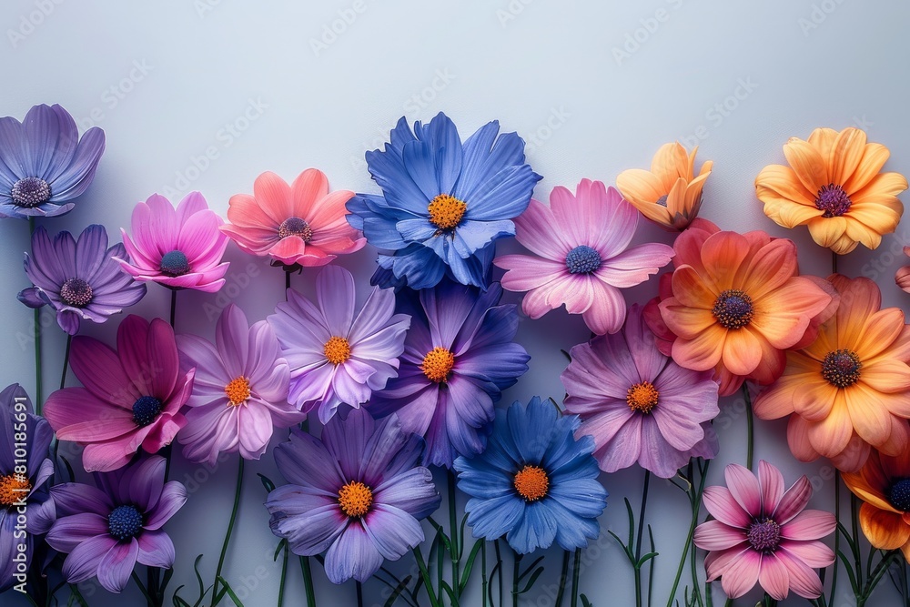 A well-composed wall filled with an assortment of purple and pink flowers creating a charming and colorful floral display A well-composed wall filled with an assortment of purple and pink flowers creating a charming and colorful floral display