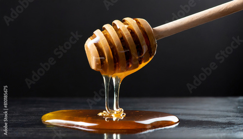 Obraz na płótnie Sweet viscous honey made by bees dripping from wooden dipper with spaced grooves on black background w salonie