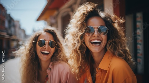Two Women Wearing Sunglasses Smiling on the Street