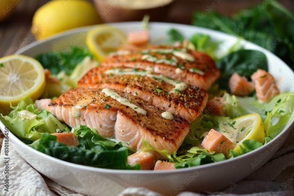 White Bowl Filled With Salmon and Lettuce White Bowl Filled With Salmon and Lettuce