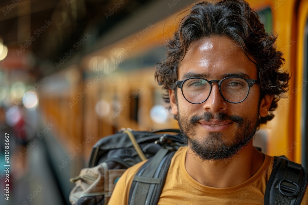 Young adventurous man in a yellow shirt smiles at the camera in urban setting Young adventurous man in a yellow shirt smiles at the camera in urban setting