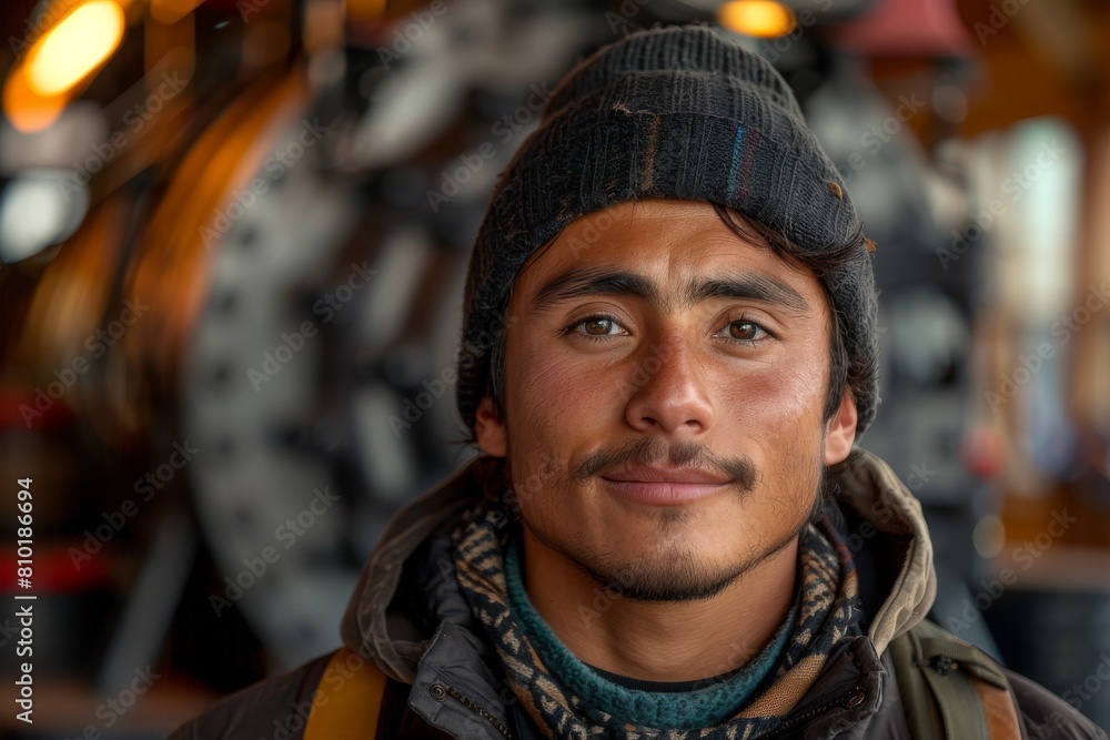 Confident young man with a beanie hat posed near a historical steam train Confident young man with a beanie hat posed near a historical steam train