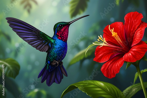 Blue hummingbird Violet Sabrewing flying next to beautiful red flower. photo