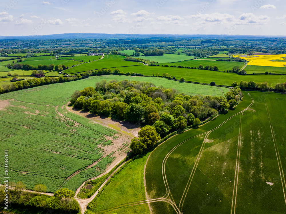 Aerial shot of concealed ancient Barley Pound and Baileys archaeological site, , Hampshire, UK